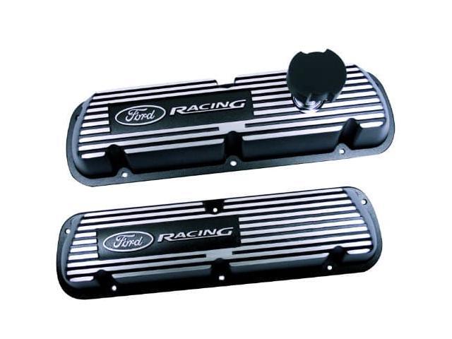 Valve Cover, Short, Baffled, Oil Fill Cap, Ford Racing Logo, Aluminum, Black Wrinkle Paint, Small Block Ford, Pair