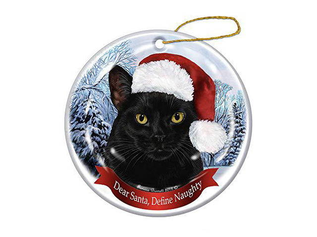 Pet Gifts USA Holiday Pet Gift Black Shorthair Cat Santa Hat Porcelain Christmas Tree Ornament