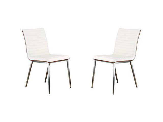 Armen Living Café Dining Chair Set of 2 in White Faux Leather and Brushed Stainless Steel Finish