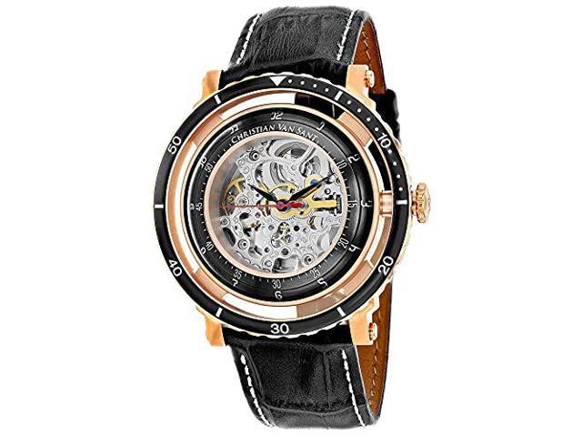 Christian Van Sant Mens Dome Stainless Steel Automatic Watch with Leather Strap, Black, 21 (Model: CV0749)