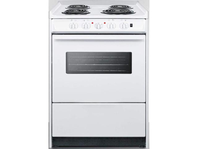 Summit WEM610RW 24 Slide-In Electric Range with 4 Elements Waist High Broil Oven Racks chrome Drip Pans Indicator Lights and Push-To-Turn Burner. photo