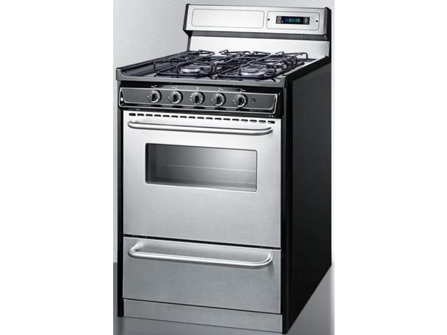 Summit Appliance TTM6307BKSW 24 Wide gas Range in Stainless Steel with Sealed Burners High Backguard clockTimer Oven Window Towel Bar Handles and. photo
