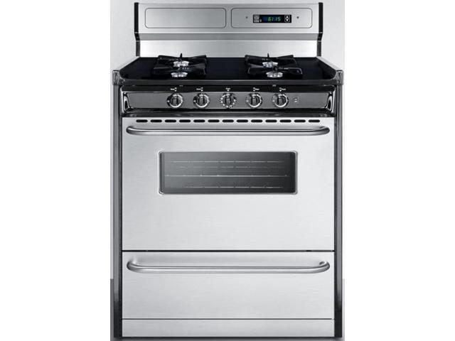 Summit Appliance TNM2307BKW 30 Wide gas Range in Stainless Steel with Open Burners High Backguard clockTimer Oven Window Broiler Pan Adjustable. photo