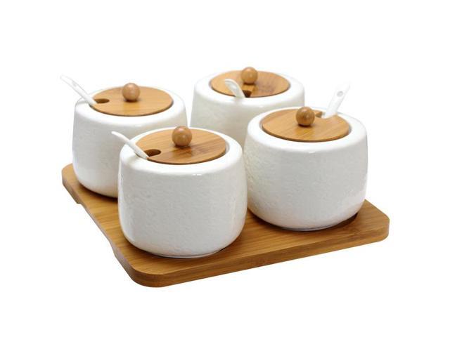 Elama Ceramic Spice, Jam And Salsa Jars With Bamboo Lids &Amp; Serving Spoons