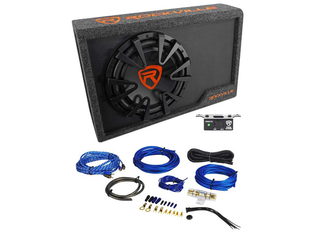 RWS12CA 12' Powered Car Subwoofer Enclosure with RWK81 Wire Kit 1200W Peak / 300W RMS, Slim Sealed MDF, RCA and High-Level Inputs, Low-Pass...