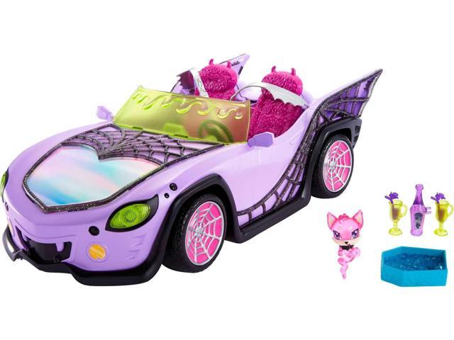 Monster High Toy Car Ghoul Mobile with Pet & Cooler Accessories Purple Doll-Sized Convertible with Spiderweb Details