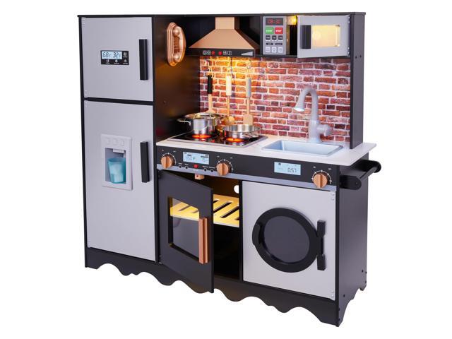 Lil' Jumbl Jumbl Kids Kitchen Set Pretend Wooden Play Kitchen Battery Operated Icemaker Microwave Range Hood Stove Top Oven with Realistic...
