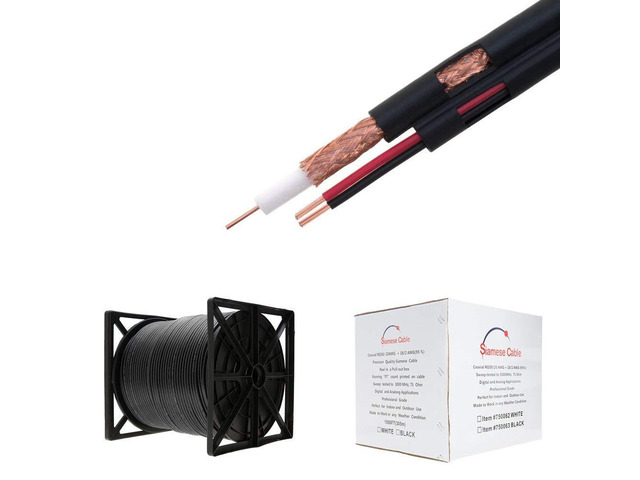 500ft RG59/U Siamese CCTV Cable 20AWG Coaxial + 18/2 Power Conductors, 95% Shielded Bulk Cable for Analog Security Camera Installations, Black