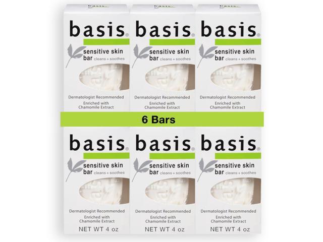Basis Sensitive Skin Bar Soap - Cleans and Soothes with Chamomile and Aloe Vera, Use as Body Wash or Hand Soap - Pack of 6