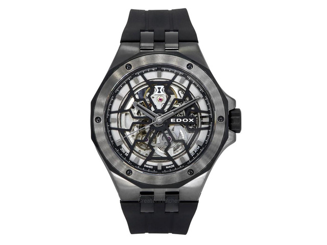 Edox Delfin The Original Mecano Rubber Strap Skeleton Black Dial Automatic Diver'S 85303 357Gn Ngn 200M Men'S Watch