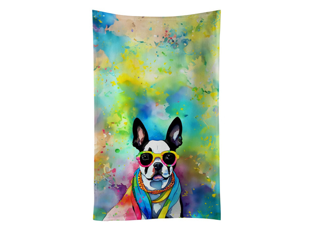 Boston Terrier Hippie Dawg Kitchen Towel Dish Cloths Guest Hand Towel Decorative Bathroom Towel for Face,Tea, Dishcloth, Kitchen and Bath