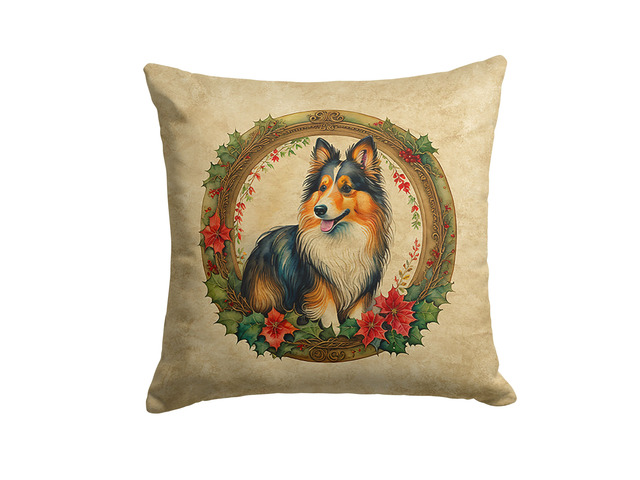 Sheltie Christmas Flowers Throw Pillow Machine Washable, Indoor Outdoor Decorative Pillow for Couch, Bed or Patio, 18Hx18W