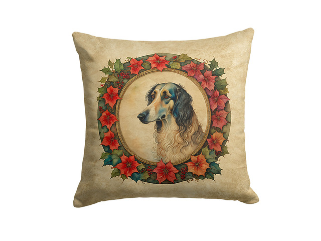 Borzoi Christmas Flowers Throw Pillow Machine Washable, Indoor Outdoor Decorative Pillow for Couch, Bed or Patio, 18Hx18W