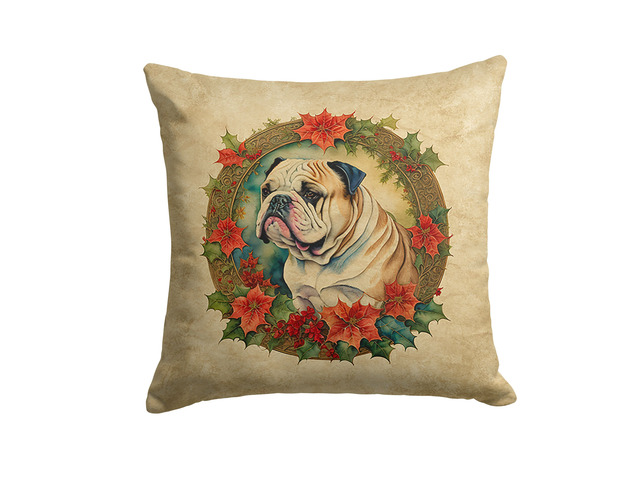 English Bulldog Christmas Flowers Throw Pillow Machine Washable, Indoor Outdoor Decorative Pillow for Couch, Bed or Patio, 18Hx18W