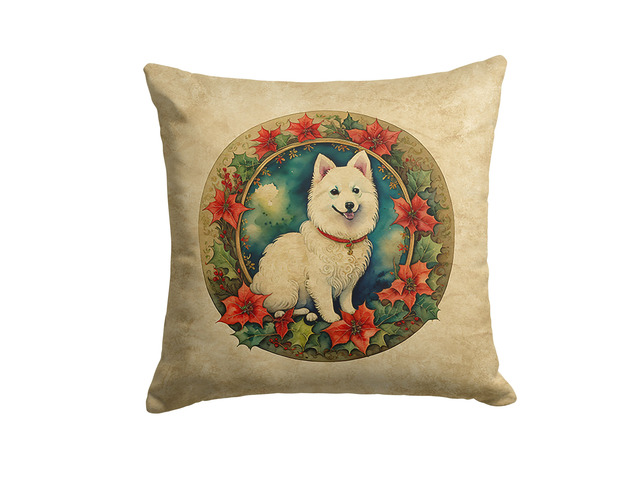 Japanese Spitz Christmas Flowers Throw Pillow Machine Washable, Indoor Outdoor Decorative Pillow for Couch, Bed or Patio, 18Hx18W