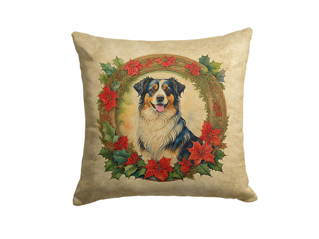 Australian Shepherd Christmas Flowers Throw Pillow Machine Washable, Indoor Outdoor Decorative Pillow for Couch, Bed or Patio, 18Hx18W