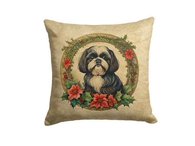 Shih Tzu Christmas Flowers Throw Pillow Machine Washable, Indoor Outdoor Decorative Pillow for Couch, Bed or Patio, 18Hx18W