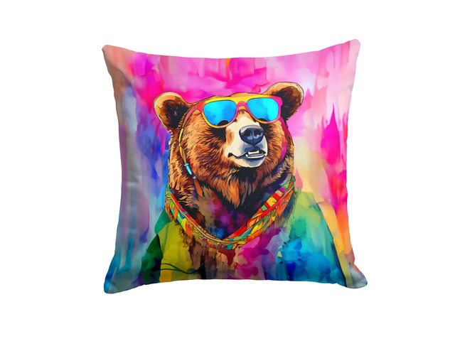 NEW Hippie Animal Grizzly Bear Throw Pillow Machine Washable, Indoor Outdoor Decorative Pillow for Couch, Bed or Patio, 18Hx18W