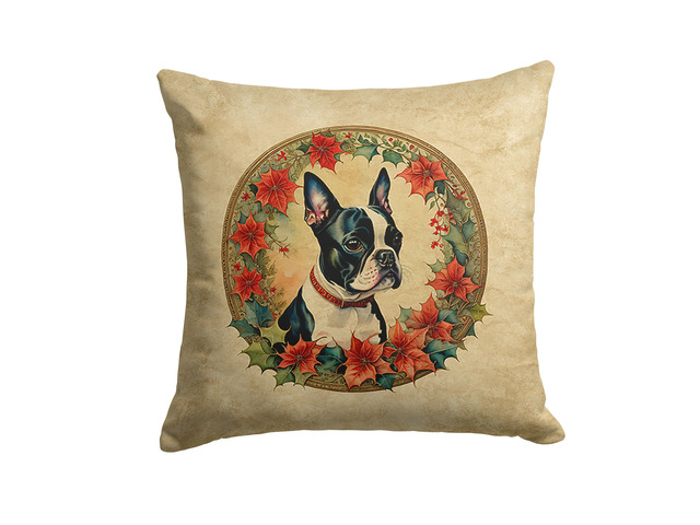 Boston Terrier Christmas Flowers Throw Pillow Machine Washable, Indoor Outdoor Decorative Pillow for Couch, Bed or Patio, 18Hx18W