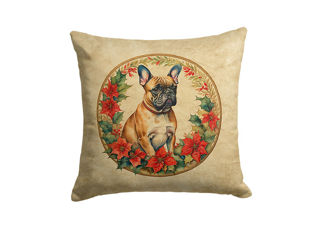 French Bulldog Christmas Flowers Throw Pillow Machine Washable, Indoor Outdoor Decorative Pillow for Couch, Bed or Patio, 18Hx18W