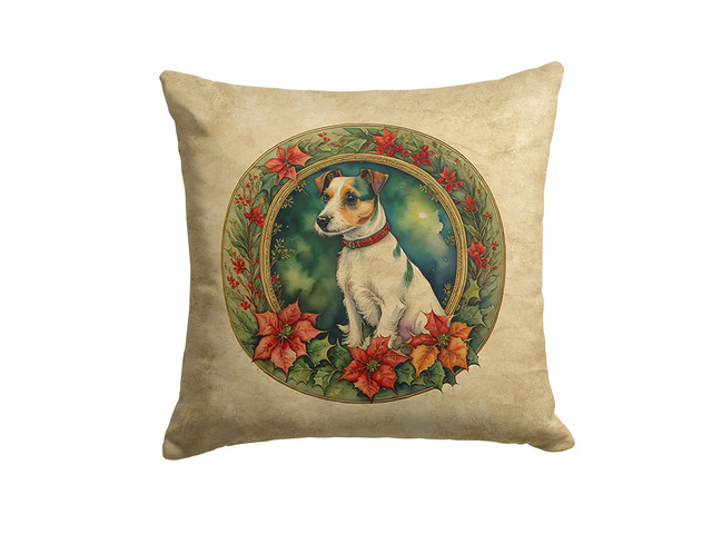 Jack Russell Terrier Christmas Flowers Throw Pillow Machine Washable, Indoor Outdoor Decorative Pillow for Couch, Bed or Patio, 18Hx18W