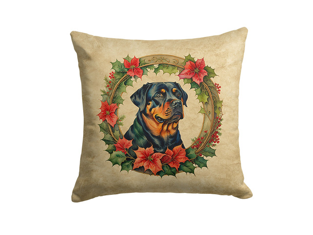 Rottweiler Christmas Flowers Throw Pillow Machine Washable, Indoor Outdoor Decorative Pillow for Couch, Bed or Patio, 18Hx18W