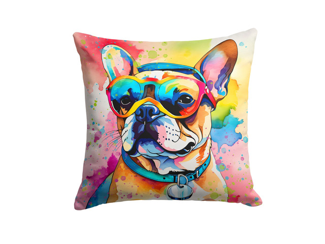 French Bulldog Hippie Dawg Throw Pillow Machine Washable, Indoor Outdoor Decorative Pillow for Couch, Bed or Patio, 18Hx18W