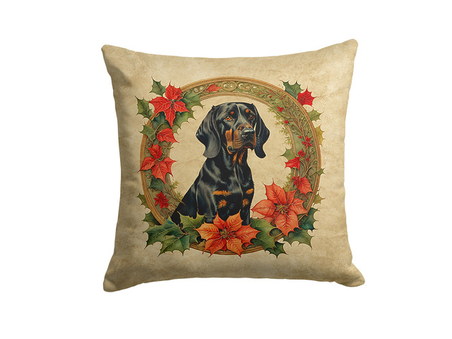 Black and Tan Coonhound Christmas Flowers Throw Pillow Machine Washable, Indoor Outdoor Decorative Pillow for Couch, Bed or Patio, 18Hx18W