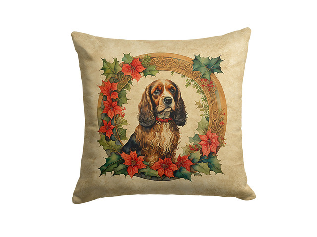 English Cocker Spaniel Christmas Flowers Throw Pillow Machine Washable, Indoor Outdoor Decorative Pillow for Couch, Bed or Patio, 18Hx18W
