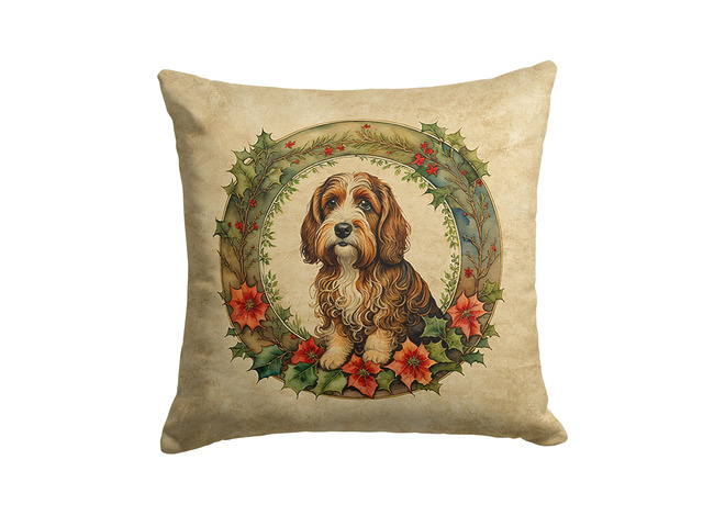 Petit Basset Griffon Vendeen Christmas Flowers Throw Pillow Machine Washable, Indoor Outdoor Decorative Pillow for Couch, Bed or Patio, 18Hx18W