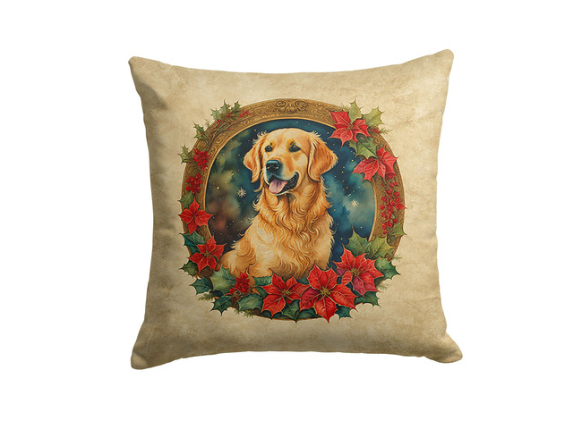 Golden Retriever Christmas Flowers Throw Pillow Machine Washable, Indoor Outdoor Decorative Pillow for Couch, Bed or Patio, 18Hx18W
