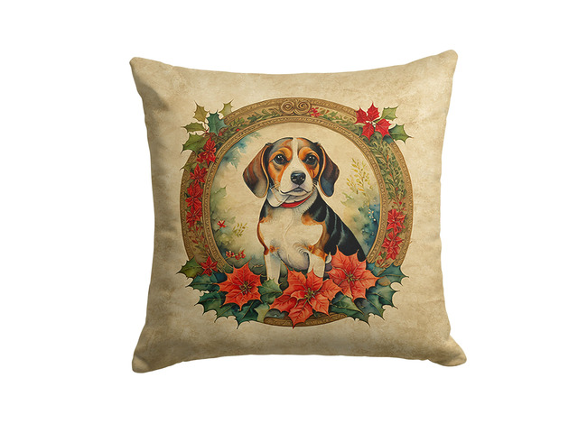 Beagle Christmas Flowers Throw Pillow Machine Washable, Indoor Outdoor Decorative Pillow for Couch, Bed or Patio, 18Hx18W