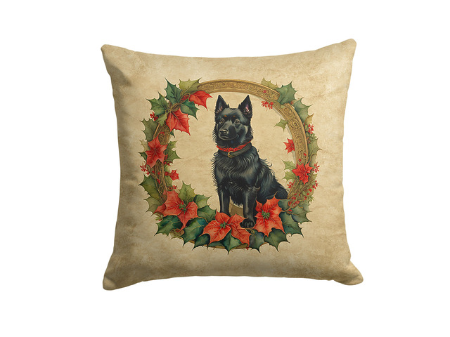 Schipperke Christmas Flowers Throw Pillow Machine Washable, Indoor Outdoor Decorative Pillow for Couch, Bed or Patio, 18Hx18W