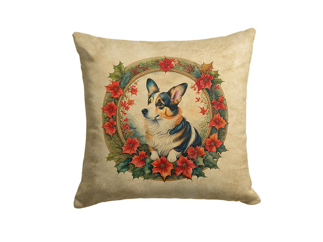Corgi Christmas Flowers Throw Pillow Machine Washable, Indoor Outdoor Decorative Pillow for Couch, Bed or Patio, 18Hx18W