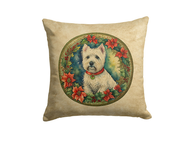 Westie Christmas Flowers Throw Pillow Machine Washable, Indoor Outdoor Decorative Pillow for Couch, Bed or Patio, 18Hx18W