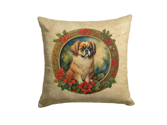 Tibetan Spaniel Christmas Flowers Throw Pillow Machine Washable, Indoor Outdoor Decorative Pillow for Couch, Bed or Patio, 18Hx18W