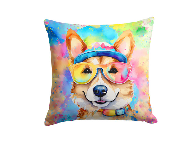 Corgi Hippie Dawg Throw Pillow Machine Washable, Indoor Outdoor Decorative Pillow for Couch, Bed or Patio, 18Hx18W