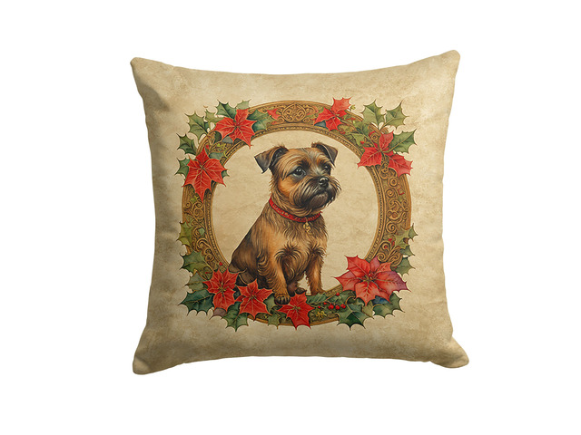Border Terrier Christmas Flowers Throw Pillow Machine Washable, Indoor Outdoor Decorative Pillow for Couch, Bed or Patio, 18Hx18W