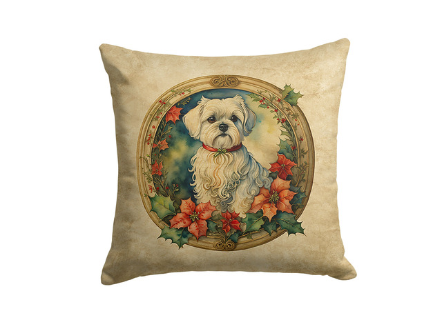 Maltese Christmas Flowers Throw Pillow Machine Washable, Indoor Outdoor Decorative Pillow for Couch, Bed or Patio, 18Hx18W