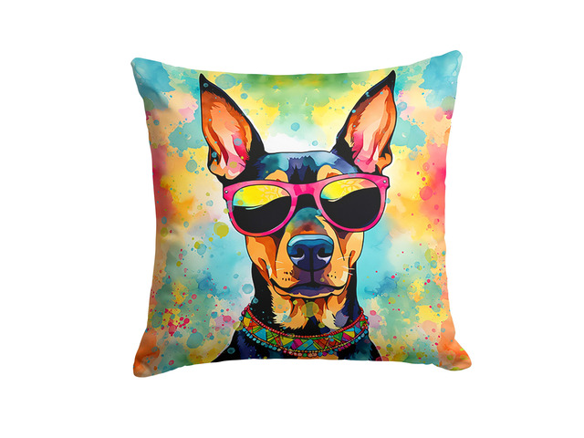 Doberman Pinscher Hippie Dawg Throw Pillow Machine Washable, Indoor Outdoor Decorative Pillow for Couch, Bed or Patio, 18Hx18W