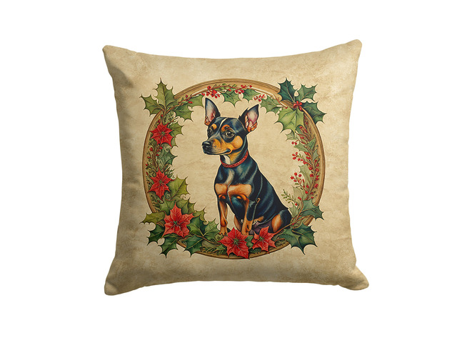 Miniature Pinscher Christmas Flowers Throw Pillow Machine Washable, Indoor Outdoor Decorative Pillow for Couch, Bed or Patio, 18Hx18W
