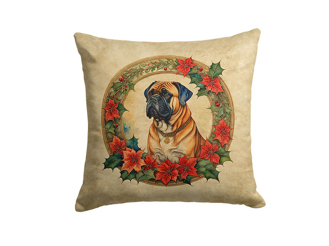 Bullmastiff Christmas Flowers Throw Pillow Machine Washable, Indoor Outdoor Decorative Pillow for Couch, Bed or Patio, 18Hx18W