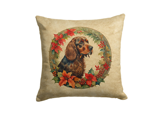 Field Spaniel Christmas Flowers Throw Pillow Machine Washable, Indoor Outdoor Decorative Pillow for Couch, Bed or Patio, 18Hx18W