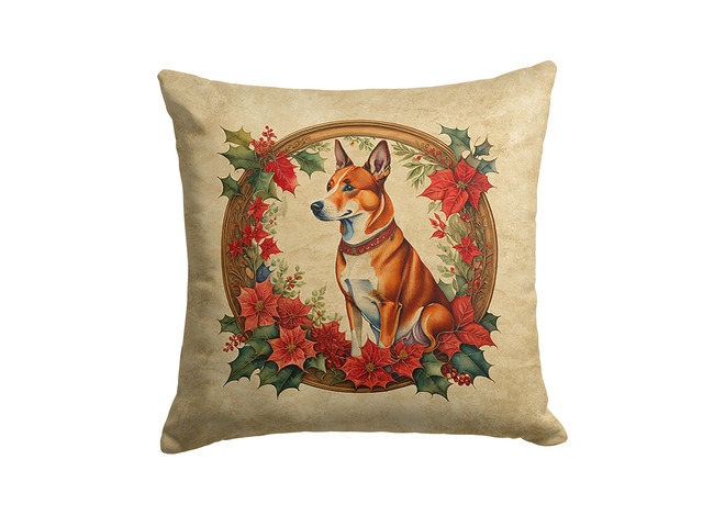 Basenji Christmas Flowers Throw Pillow Machine Washable, Indoor Outdoor Decorative Pillow for Couch, Bed or Patio, 18Hx18W