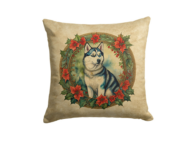 Siberian Husky Christmas Flowers Throw Pillow Machine Washable, Indoor Outdoor Decorative Pillow for Couch, Bed or Patio, 18Hx18W