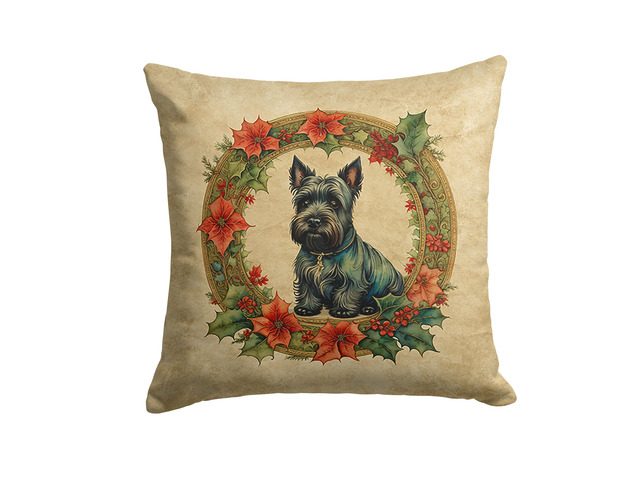 Scottish Terrier Christmas Flowers Throw Pillow Machine Washable, Indoor Outdoor Decorative Pillow for Couch, Bed or Patio, 18Hx18W