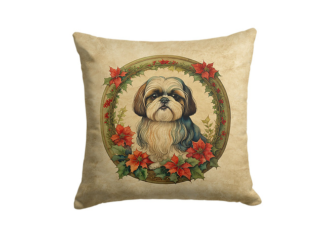 Shih Tzu Christmas Flowers Throw Pillow Machine Washable, Indoor Outdoor Decorative Pillow for Couch, Bed or Patio, 18Hx18W