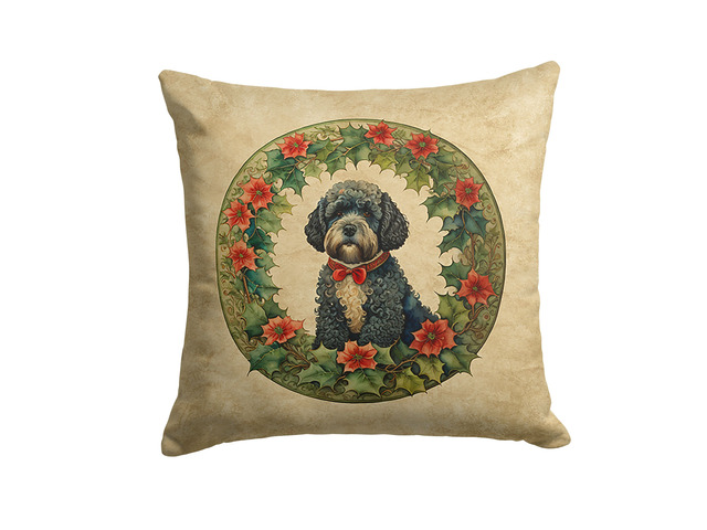 Portuguese Water Dog Christmas Flowers Throw Pillow Machine Washable, Indoor Outdoor Decorative Pillow for Couch, Bed or Patio, 18Hx18W
