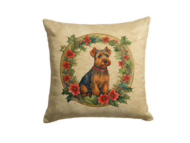 Welsh Terrier Christmas Flowers Throw Pillow Machine Washable, Indoor Outdoor Decorative Pillow for Couch, Bed or Patio, 18Hx18W