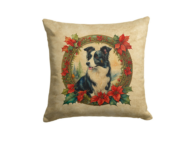 Border Collie Christmas Flowers Throw Pillow Machine Washable, Indoor Outdoor Decorative Pillow for Couch, Bed or Patio, 18Hx18W